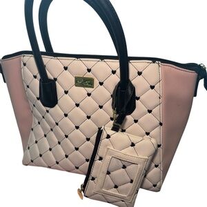 Betsey Johnson Quilted Satchel with Coin Purse – Pink/White/Black